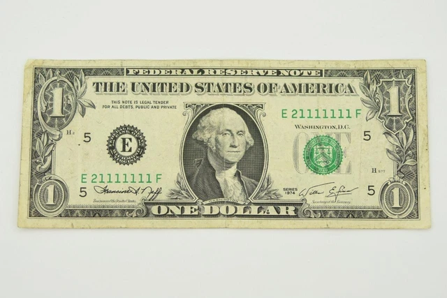 1974 One Dollar Bill Fancy Rare 1111111 Near Solid Serial Number Note