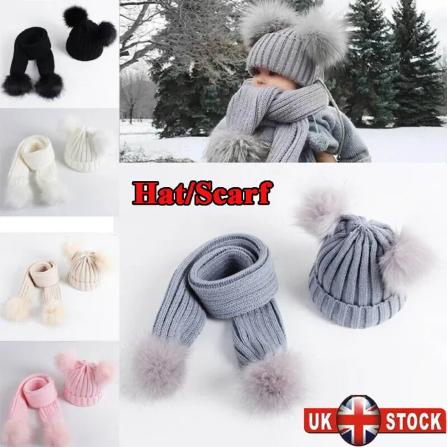 UK Toddler Baby Kid Knitted Hat Scarf Winter Warm Beanie Cap Double Pom Faux Fur