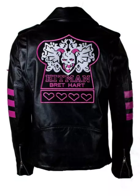 Wwe Hitman Wrestler Bret Hart Famous Skull Embroidery Real Leather Jacket