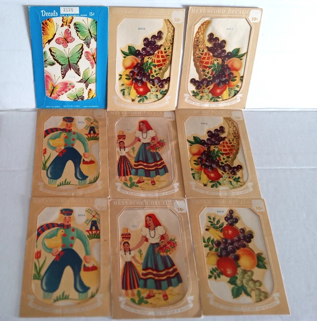 Lote de 9 calcomanías vintage Meyercord Co mariposas de fruta niño holandés, mujer mexicana