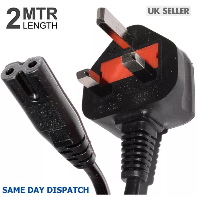 2M Figure Of 8 Mains Cable Power Uk Lead Plug Cord Fig Iec C7 Tv Sky Box Radio