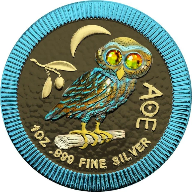 Niue 2020 2$ Athenian Owl - Space Blue - 1 Oz Silbermünze + Swarovski Crystal