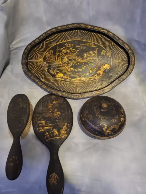 Rare 19th Century Chinese Black Lacquered  Ebony  Grooming/Vanity Set and Tray 2