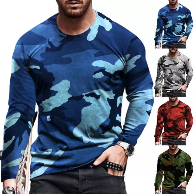 Herren-T-Shirt Mit Camouflage-Muster Langärmelig Schmale Passform Lässig }