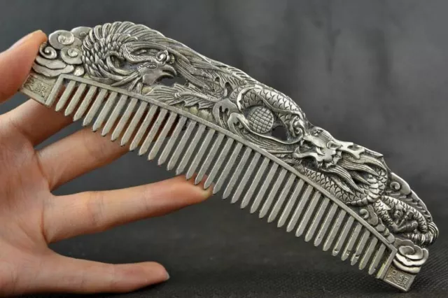 Old Chinese Collectibles Decoration Handwork Tibet Silver Carving Dragon Comb mk