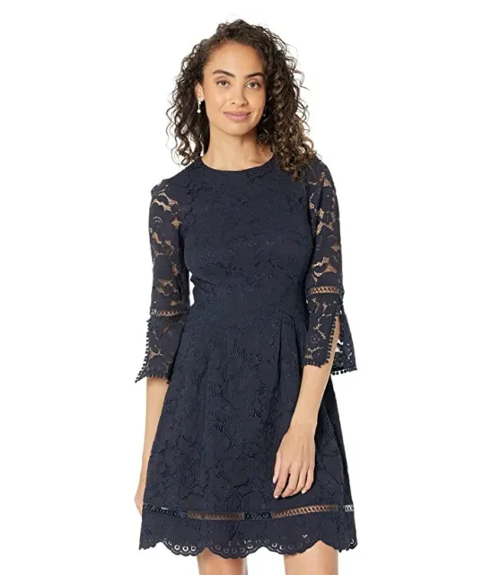Vince Camuto L131703 Womens Navy Lace Pinch Pleat Fit-and-Flare Dress Size 12
