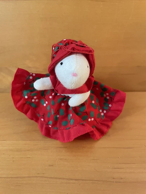 Vtg Russ Berrie Girl Mouse Xmas Ornament Red Dress Bonnet Holly Leaves 1980's 3”
