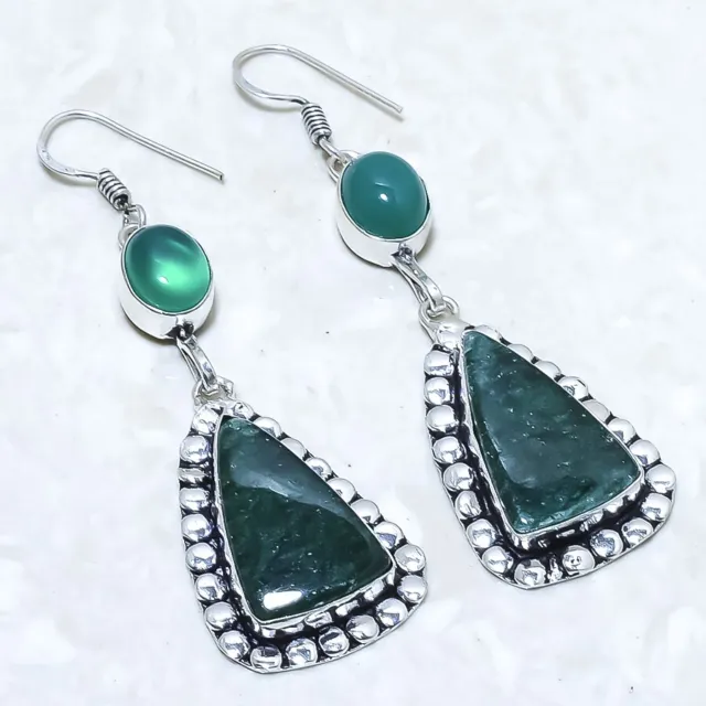 Green Aventurine, Green Onyx Gemstone Silver Jewelry Earring 2.6" ELG14344
