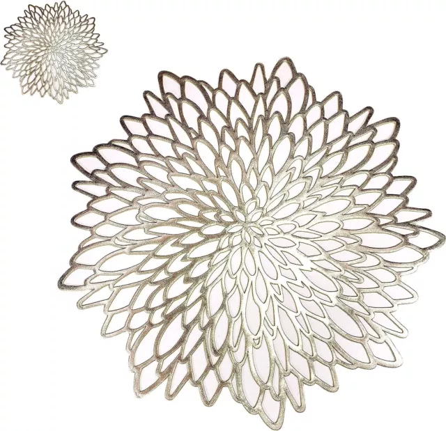 Gold Metallic Placemats Laminate Vinyl Round Leaf Plastic Dinning Table Set of 4