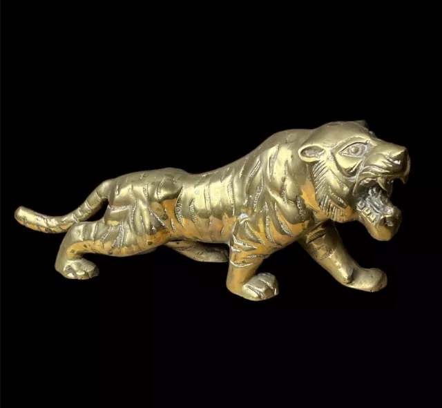 Vintage Mid Century Modern Large Brass Prowling Tiger Figurine Sculpture 16”