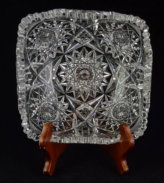 ABP American Brilliant Period Cut Glass Heavy Square Bowl Fans Hobstars