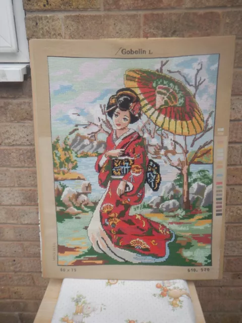 Stunning Vintage Completed Gobelin-L Cross-stitch featuring Geisha with Parasol