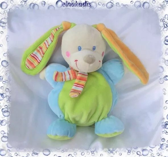 Doudou Peluche Boule Chien Lapin Vert Bleu Echarpe Rayures Mots D'Enfants