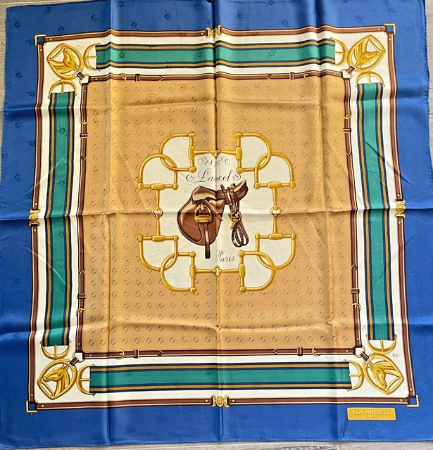 Foulard En Soie 100% - Carré Roulotté Main 87cm - Occasion Très Bon État Bleu Marine Vintage