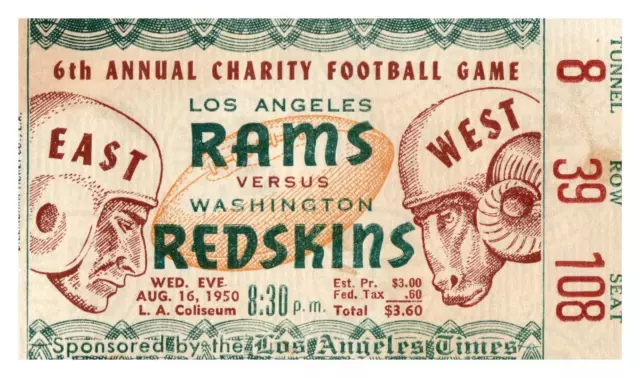 1950 USC Trojans vs. Redskins Football Game Ticket Stub Los Angeles Coliseum