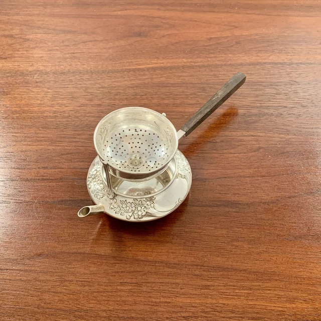 Black Starr & Frost Sterling Silver Swivel Tea Strainer, Teapot Shaped Drip Bowl