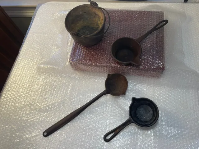 (Lot of 4) RARE SWETT Antique Smelting Cast/Wrought Iron Pot & Ladles/Melt Shot