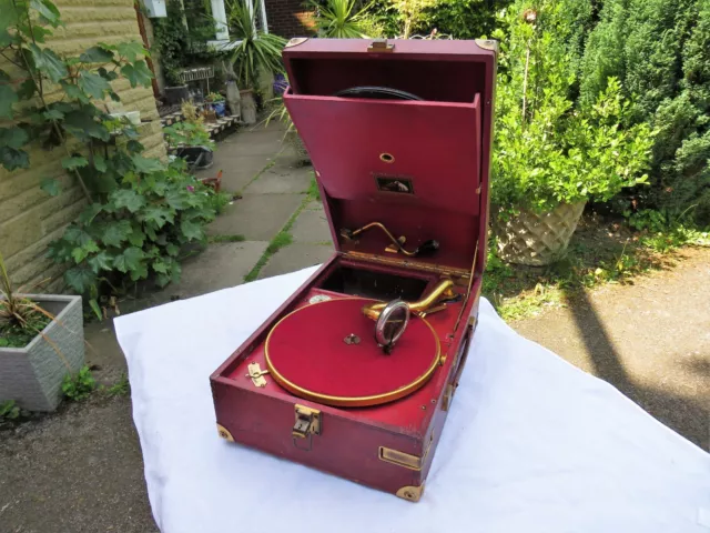Red Hmv Gramophone 101 Portable Gold Fittings Working