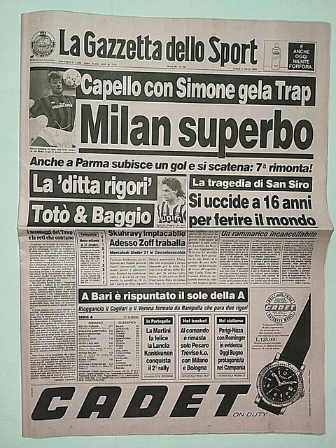 Zeitschrift Dello Sport 9 März 1992 Juventus-Napoli 3-1 Baggio Parma