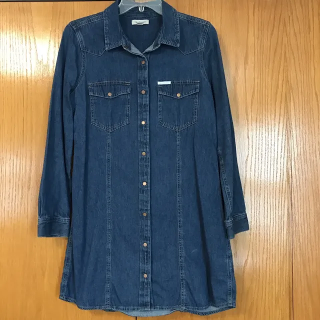 Calvin Klein Jeans Womens Denim Shirt Dress Blue Size Medium Snap Front Pockets