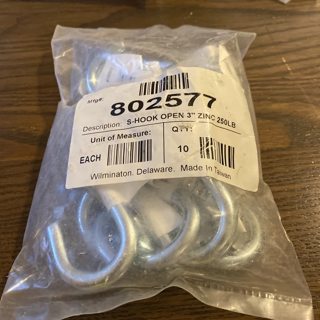 Heavy Duty S-Hooks 3" Long x 1.75" Wide x 5/16" Thick Zinc Plated 10 Pack 250 lb 2