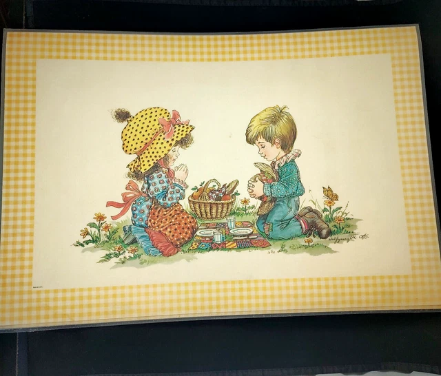 Juego de 4 manteles laminados Wolfgang M Otto amarillos Gingham años 70 niño niña de colección EE. UU.