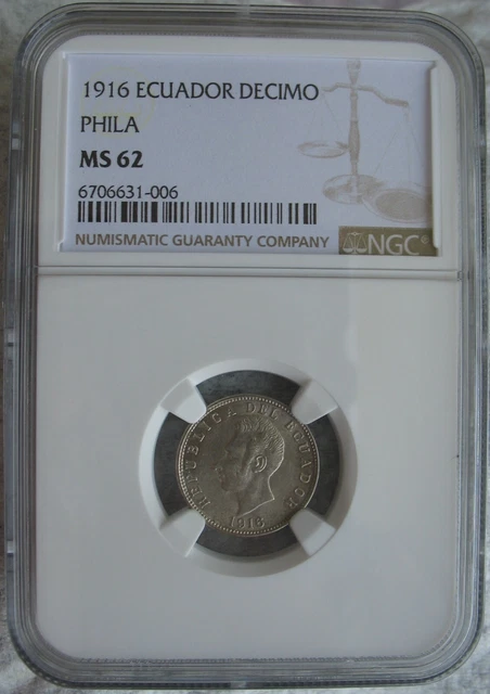 1916 Ecuador-PHILA Silver Decimo NGC MS-62