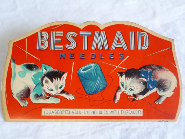 Vintage BESTMAID 100 Assorted Gold-Eye Sewing Needles Threader KITTEN CATS Japan