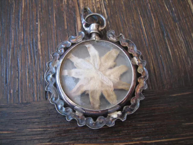 antiker Edelweiss Anhänger Trachtenschmuck Medallion 835er Silber hinter Glas 2