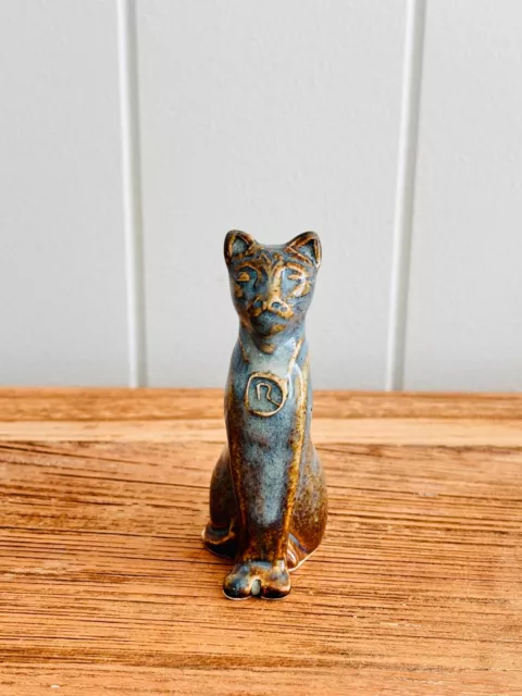 Vintage Blue and Brown Glazed Regal Egyptian Looking Kitty Cat Statue Figurine