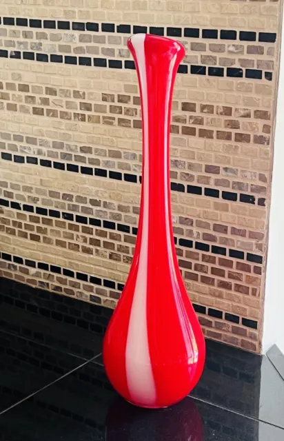 Vintage Mikasa Vase Art Glass Red and White Swirl Vase 17.5" tall