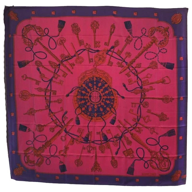 Hermes Scarf Kare 140 Large Format Les Cles Key Pattern Dip Die Dye Silk Red Pur