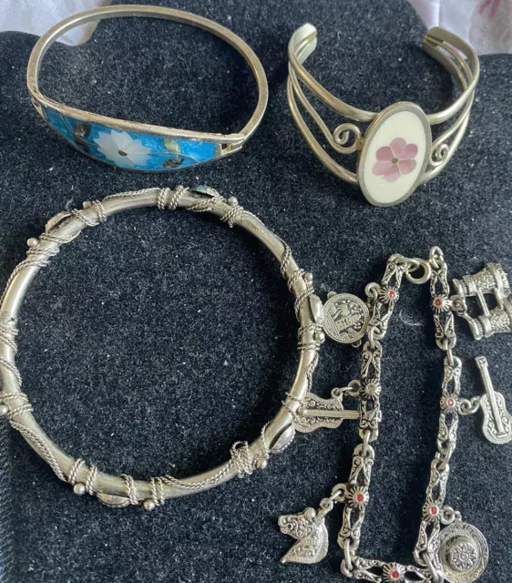 Bundle Of Silver Toned Bracelets 2 Alpaca Shell Bangles Charm And Chain Twisted