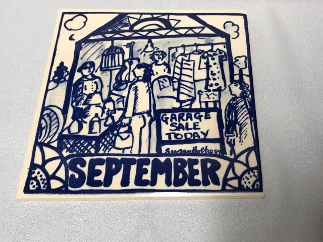 Vintage H & R Johnson England Calendar Tile Blue White September Sue Bolt Delft