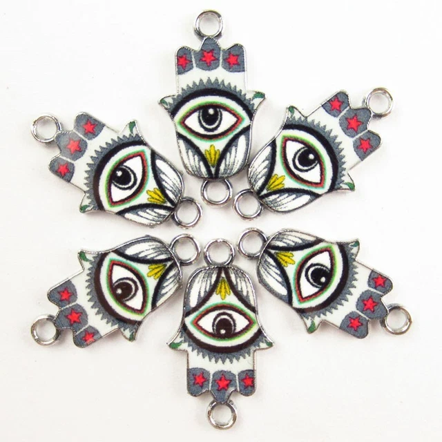 6Pcs Gray White Enamel Tibetan Silver Evil Eye Hand Pendant Bead PJ2922