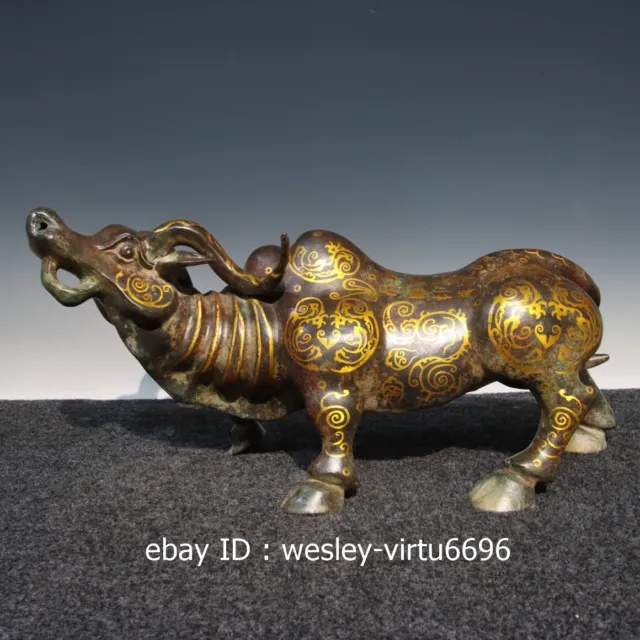 China Dynasty Folk Collection Old Bronze Gild Cattle Buffalo Zun Statue L55CM