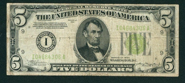 $5 1934 LGS LIME ((LIGHT GREEN SEAL)) Federal Reserve Note ((PINHOLES)) 2