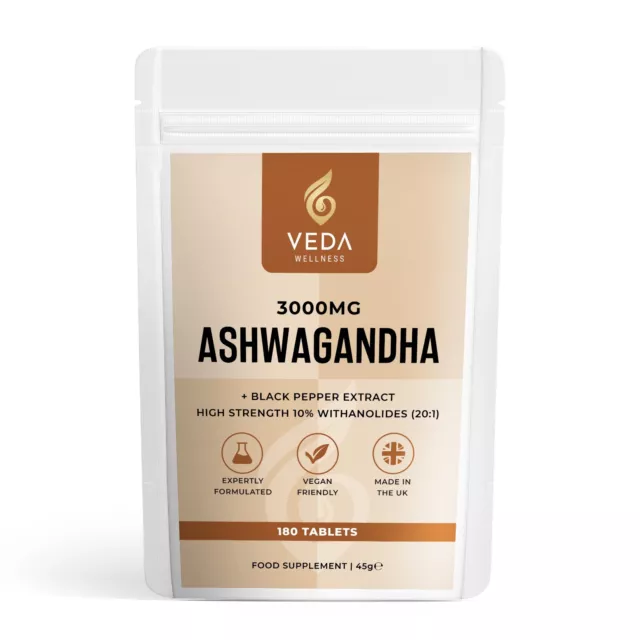 Reiner Ashwagandha-Extrakt 3000 mg - 180 vegane Tabletten + schwarzer Pfeffer. Hergestellt in UK.