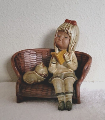 Vintage Figurine UCTCI Japan YOUNG GIRL READING ON SOFA WITH CAT Very Cute!