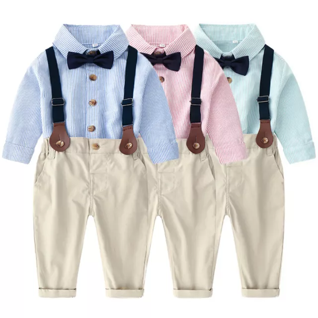 Kids Baby Boys Gentleman Outfits Formal Wedding Bowtie Striped Shirts Pants Suit