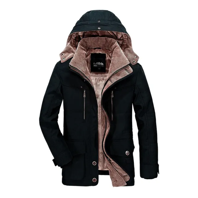 Mens Fleece Lined Parka Coat Hooded Zip Up Winter Thermal Warm Jacket Outwear