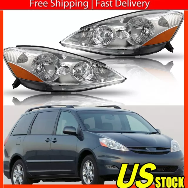 Chrome Fits 2006-2010 Toyota Sienna Headlights Replacement Assembly Left+Right