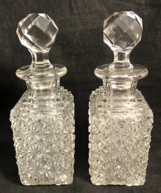 Pair Antique EAPG Cologne Bottles w/ Cut Stoppers Elson Glass #88 Daisy & Button