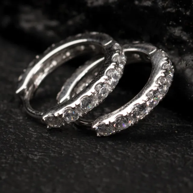 Men's White Gold Plated 925 Sterling Silver CZ Hoop Huggie Small Iced Earrings