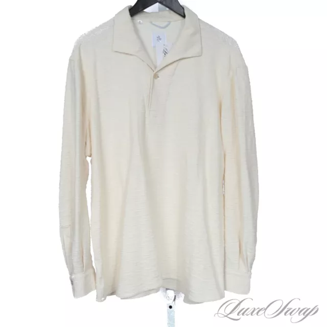 G. Inglese x NMWA Ivory Slubby Streaked Miami Collar 1 Button Polo Shirt 17 NR