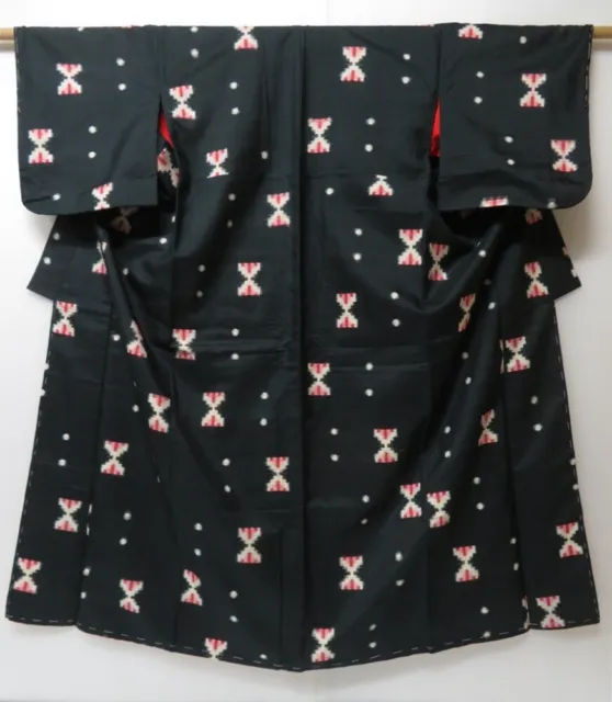 2005T09z700 Vintage Japanese Kimono Silk MEISEN KOMON Kasuri Dark green-gray