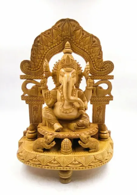 Wooden Fine Carved Lord Ganesha Murti Sitting on Mehrav Ganesh Idol Figurine 12"