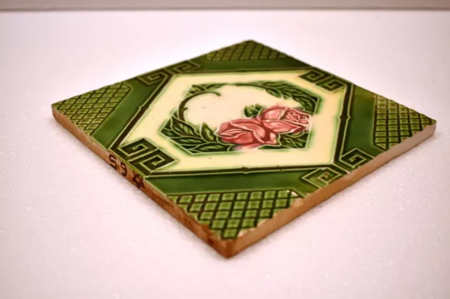 Antique Saji Tile Japan Majolica Art Nouveau Porcelain Floral Rose Geometric"J65 3