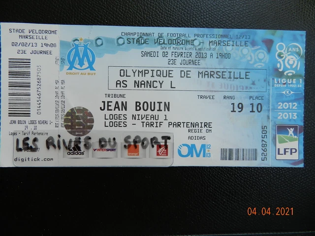 Ticket Billet Original - OM Marseille Vs PSG Paris - Ligue 1 2013