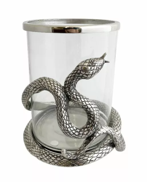 Atrani Serpente Silver Snake Metal & Glass Hurricane Lamp Pillar Candle Holder